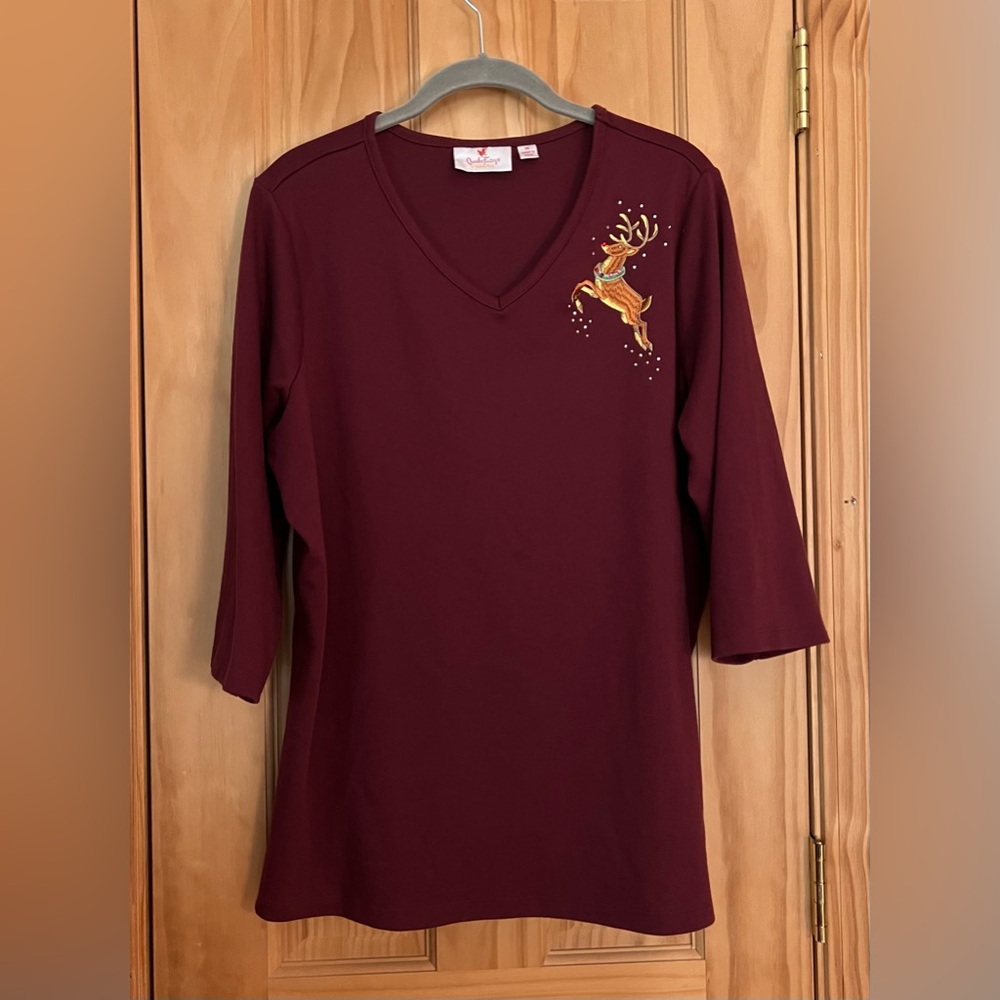 Quacker Factory 3/4 Sleeve Top with Reindeer Detail